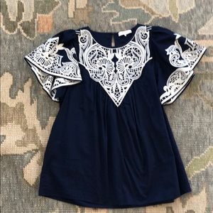 Parker Navy and White Embroidered Top